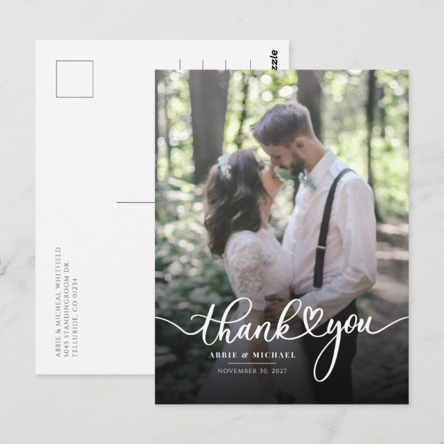 Carte Postale Mariage moderne Photo Merci Lettré à la main (Devant / Derrière)