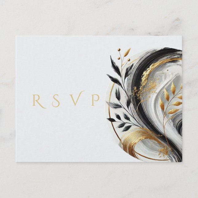 Carte Postale Mariage moderne RSVP noir blanc et or (Devant)