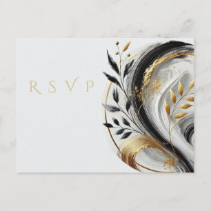 Carte Postale Mariage Moderne RSVP Noir Blanc et Or -