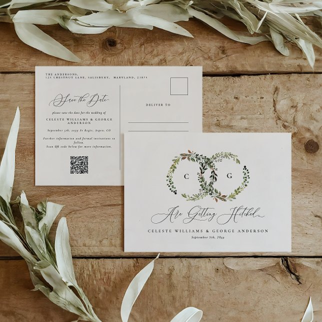 Carte Postale Mariage monogramme de courre florale rustique aqua (Créateur téléchargé)