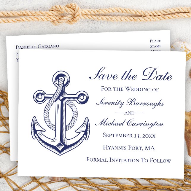 Carte Postale Mariage nautique Ancre Bleu marine Enregistrer la  (Créateur téléchargé)