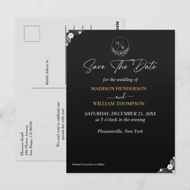 Carte Postale Mariage noir et blanc simple Enregistrer la date (Devant / Derrière)
