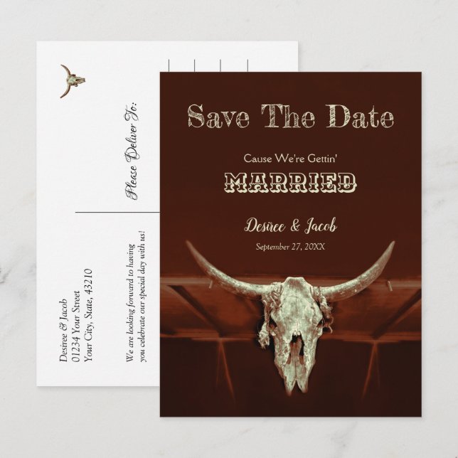 Carte Postale Mariage occidental à petit budget Crâne de taureau (Devant / Derrière)