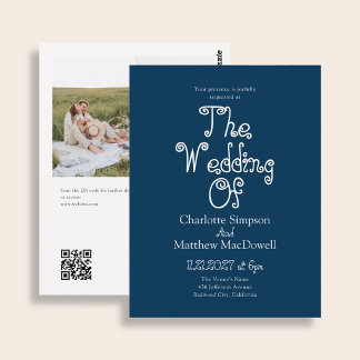 Carte Postale Mariage pas cher Fancy Photo QR Code Bleu Hiver