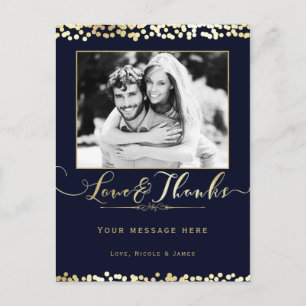 Carte Postale Mariage photo Blue & Gold Confetti Merci