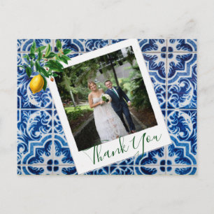 Carte Postale Mariage Photo Citron Bleu Carrelage Elégant Merci