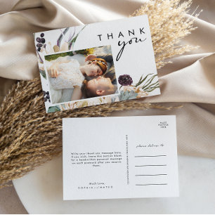 Carte Postale Mariage photo de Merci de script Floral blanc