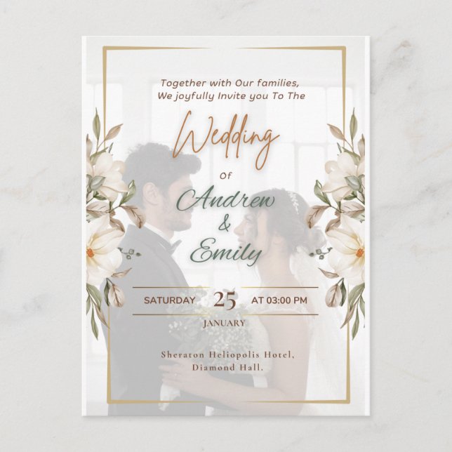 Carte Postale Mariage photo Elegant Green & Gold Overlay budget (Devant)