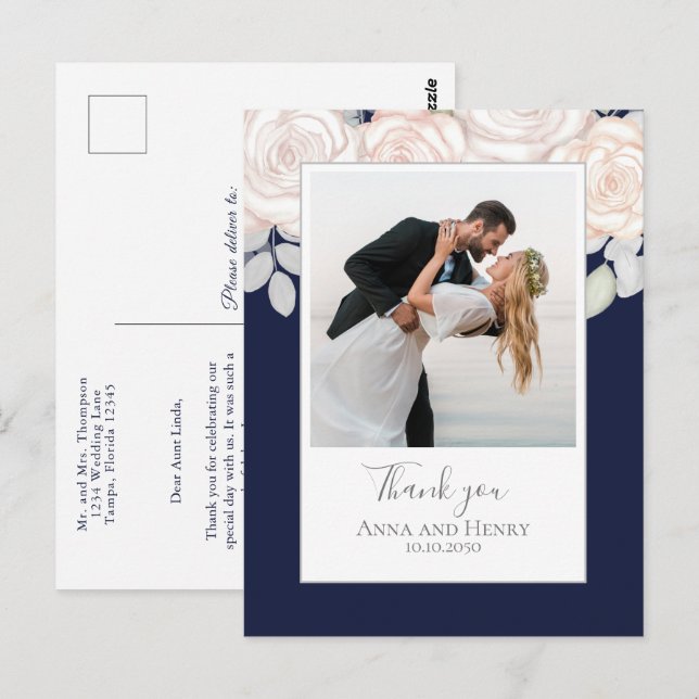 Carte Postale Mariage Photo Elegant Merci bleu marine (Devant / Derrière)