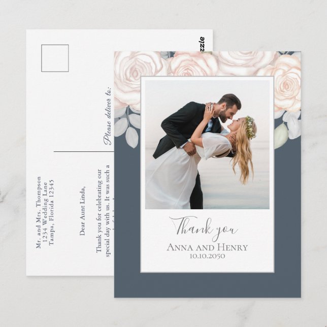 Carte Postale Mariage Photo Elégant Merci Floral Grey (Devant / Derrière)