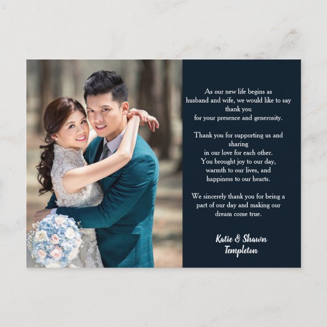 Carte Postale Mariage Photo Merci double face Marine (Dos)