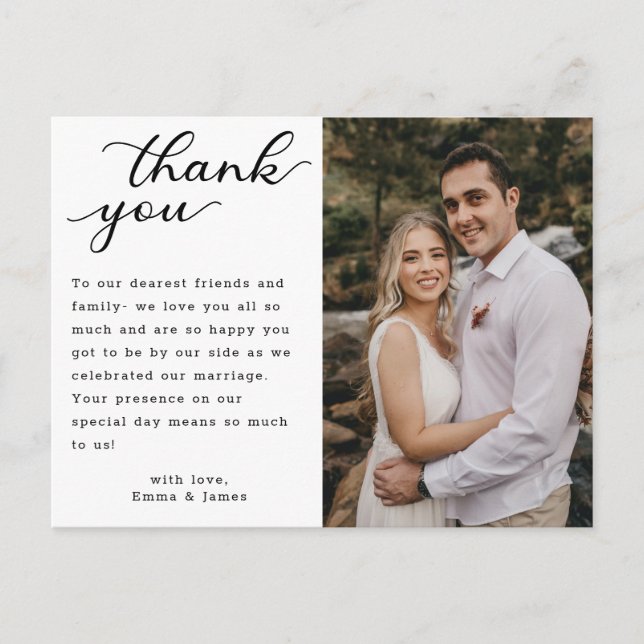 Carte Postale Mariage photo moderne lettres main Merci (Devant)