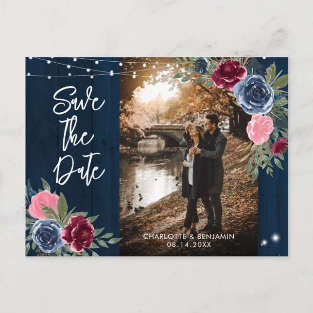 Carte Postale Mariage Photo Navy Bourgogne Rouge Foncé Faire-Par (Devant)