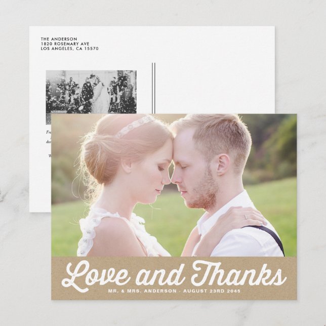 Carte Postale Mariage photo papier Kraft Retro Script (Devant / Derrière)