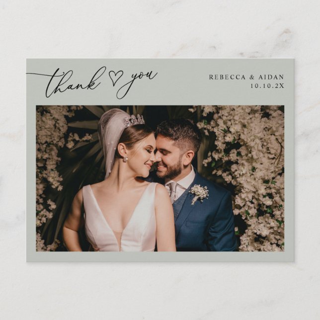 Carte Postale Mariage photo rustique Sage Script Merci (Devant)