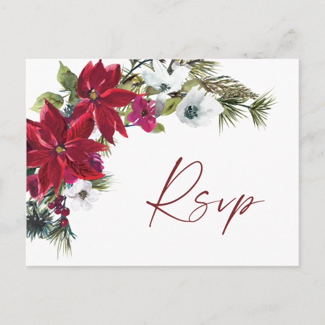 Carte Postale Mariage Poinsettia rouge RSVP avec choix de repas (Devant)