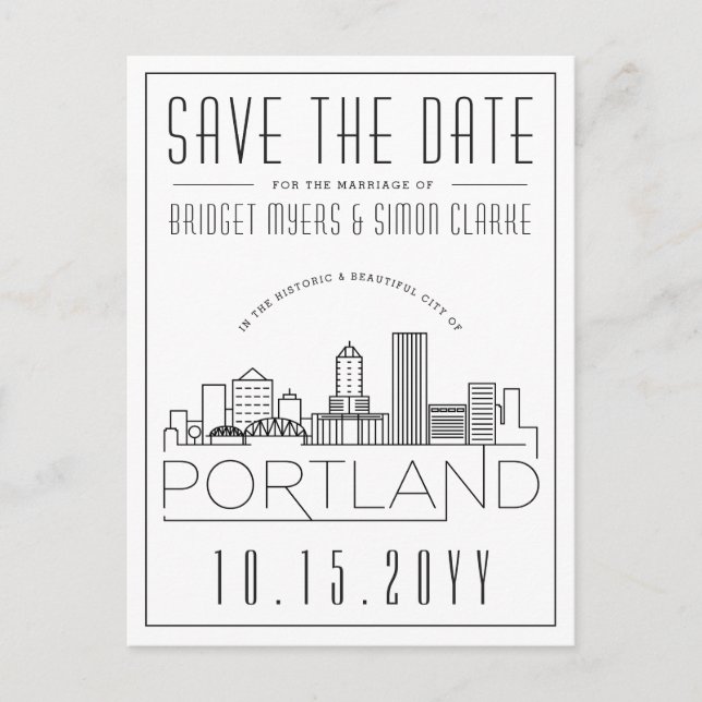 Carte Postale Mariage Portland | Skyline stylisée Enregistrer la (Devant)