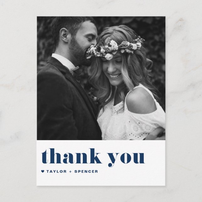 Carte Postale Mariage Remerciement Typographie Rétro Gras Bleu M (Devant)