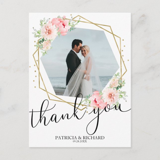 Carte Postale Mariage Remerciements Blush Floral Or Feuille Géom (Devant)