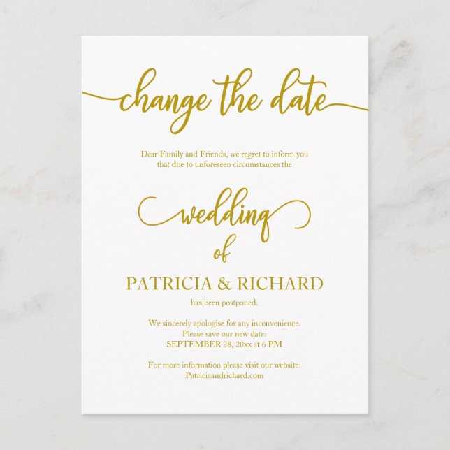 Carte Postale Mariage reporté Date Faire-part Elegant Gold (Devant)
