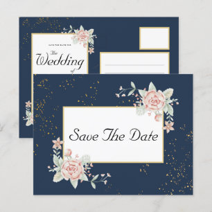 Carte Postale Mariage Rose Bleu Marine Enregistrer La Date