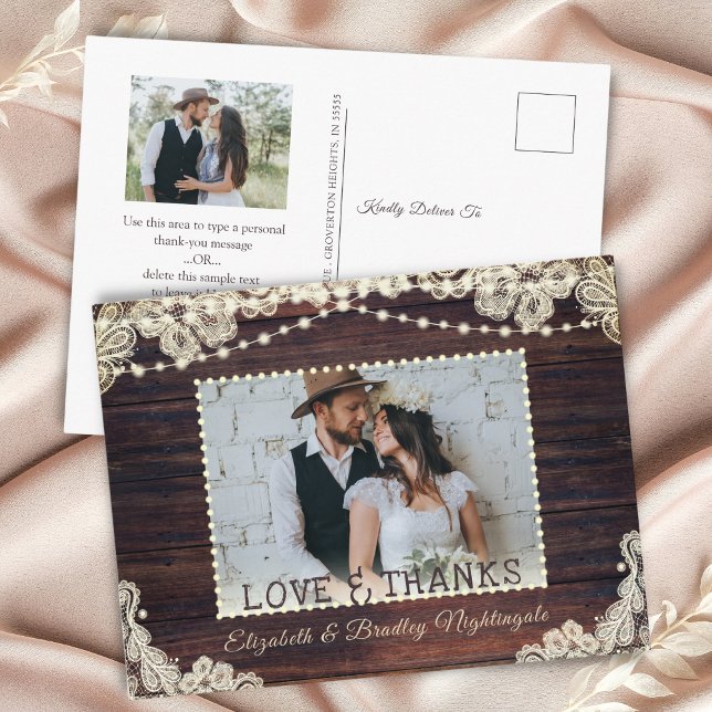 Carte Postale Mariage Rustique Bois Chaîne Lumières Merci photo (Créateur téléchargé)