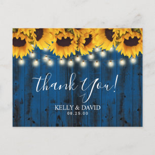Carte Postale Mariage Rustique Merci de la marine Blue Sunflower