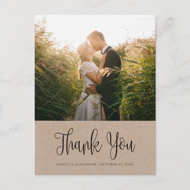 Carte Postale Mariage rustique moderne. Kraft calligraphie merci (Devant)