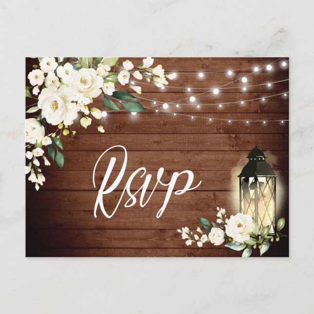 Carte Postale Mariage Rustique RSVP Roses Blanches Bois (Devant)