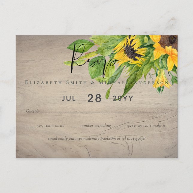 Carte Postale Mariage rustique Tournesol Woodland RSVP (Devant)