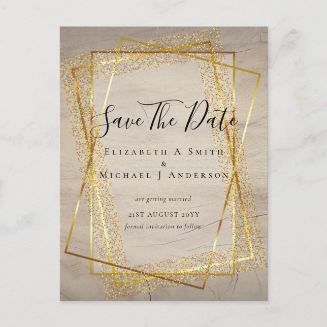 Carte Postale MARIAGE SAVE DATES Gold Parties scintillant géomét (Devant)