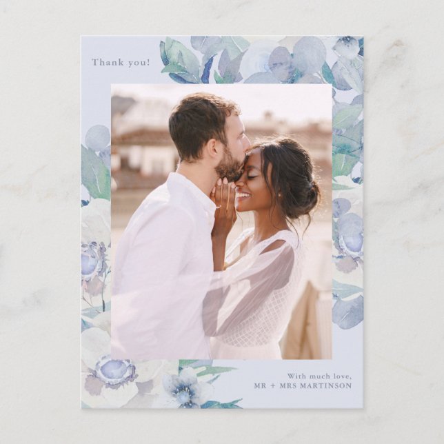 Carte Postale Mariage simple bleu floral une photo  Merci (Devant)