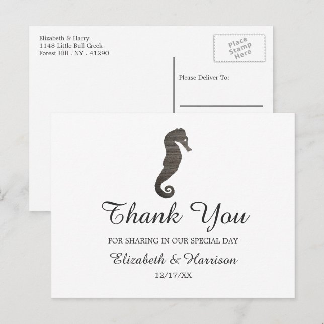 Carte Postale Mariage sur la plage de Clay Seahorse Merci (Devant / Derrière)
