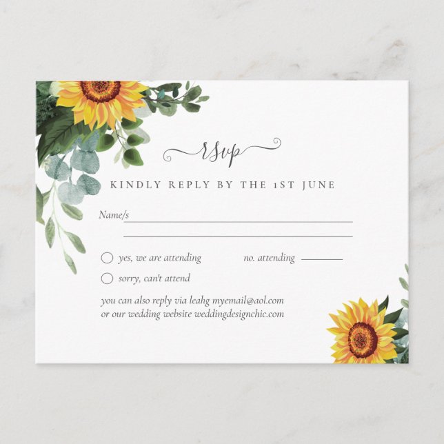 Carte Postale Mariage Tournesols Rustiques Feuilles d'Eucalyptus (Devant)