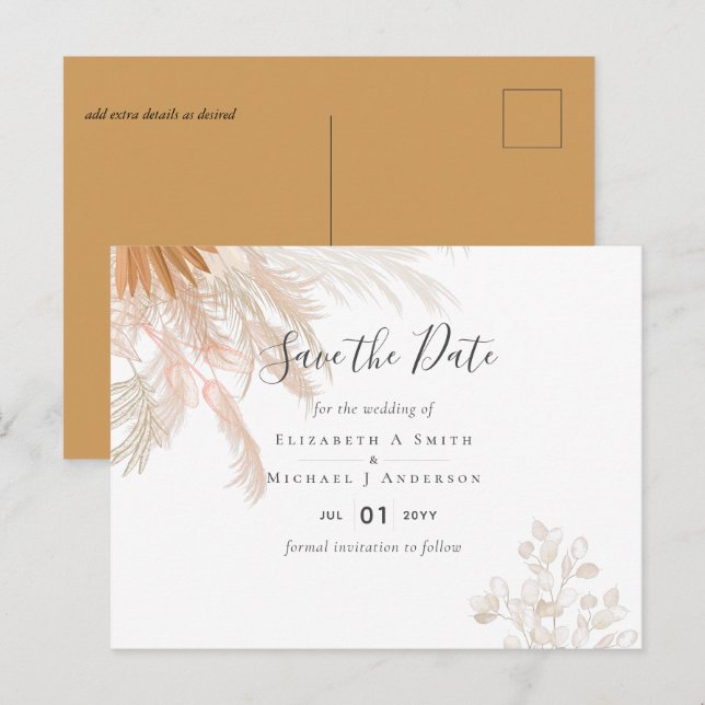 Carte Postale Mariage Tropical à l'Herbe de Pampas en Terracotta (Devant / Derrière)