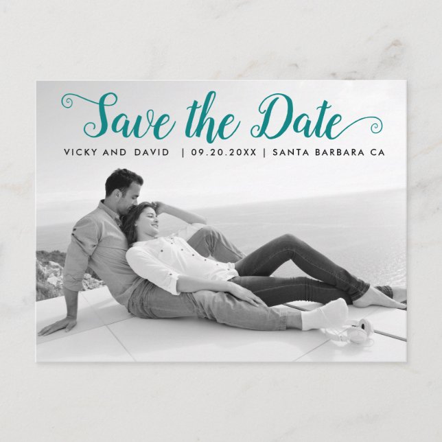 Carte Postale Mariage turquoise moderne Enregistrer la photo Dat (Devant)