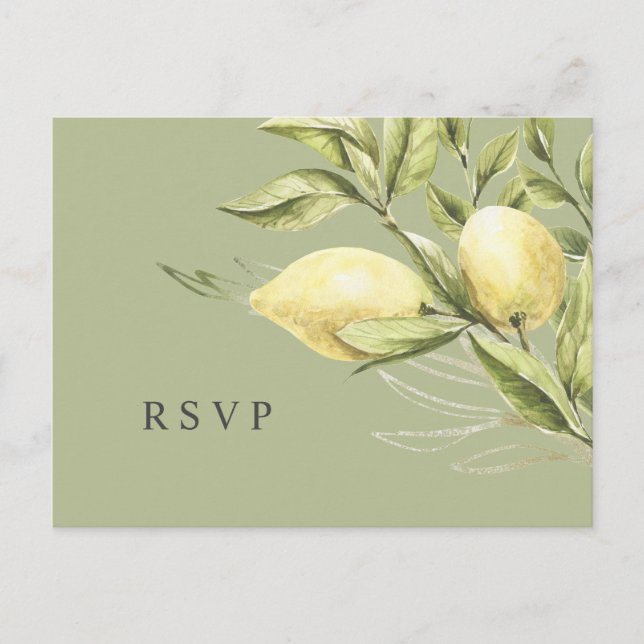 Carte Postale Mariage vert citron et feuille RSVP (Devant)
