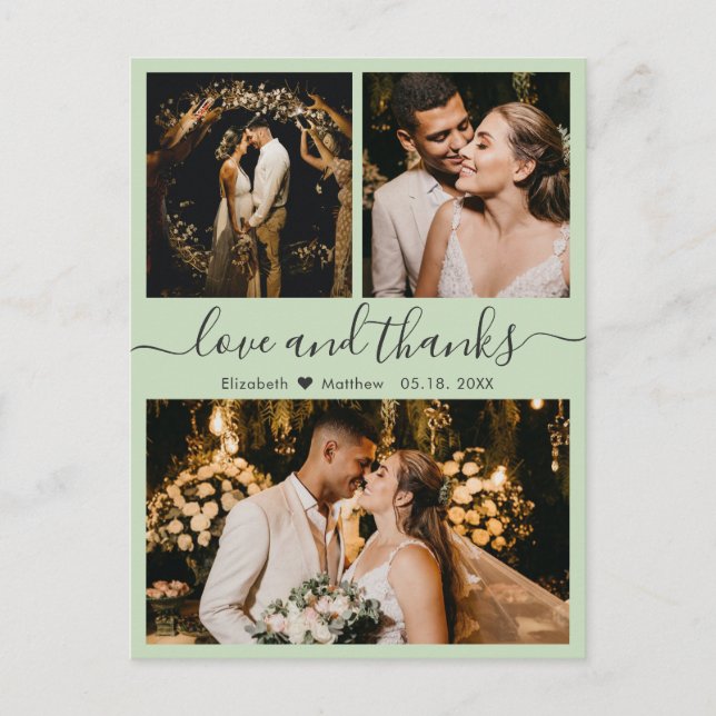 Carte Postale Mariage Vert Sauge Amour et Remerciements Merci (Devant)