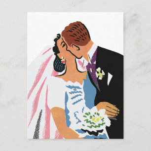 Carte Postale Mariage vintage, Mariée rétro et baiser de chambre
