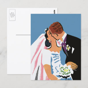 Carte Postale Mariage Vintage, Mariés Rétro s'Embrassant