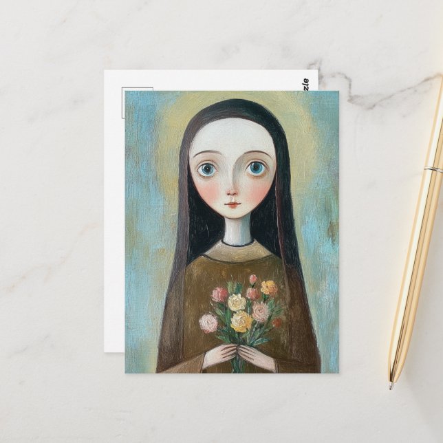 Carte Postale Marie avec des fleurs (Devant/Arrière en situation)