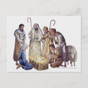 Carte Postale Marie, Joseph et bergers entourant le bébé Jésus