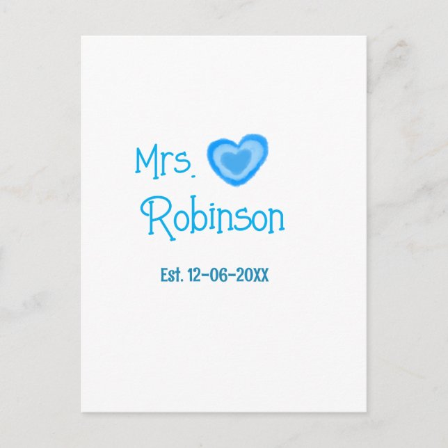 Carte Postale Mariée à être Mme ajouter nom date coeur bleu wate (Devant)