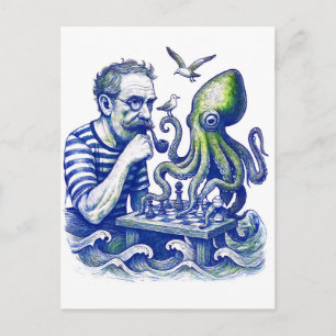 Carte Postale Marin jouant aux échecs avec un grand poulpe curie