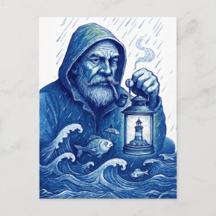 Carte Postale Marin tenant une lanterne tandis que le poisson ti