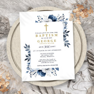 Carte Postale Marine Bleu Élégant Floral moderne Baptême Invitat