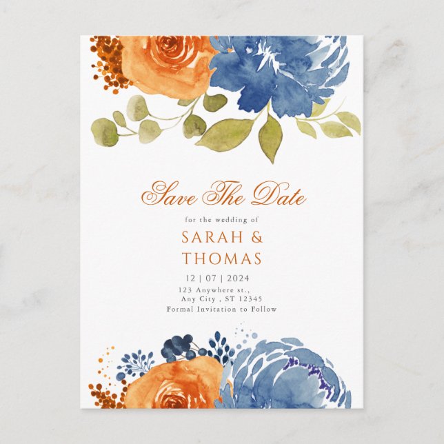 Carte Postale Marine Bleu Orange Boho Floral Automne Enregistrer (Devant)