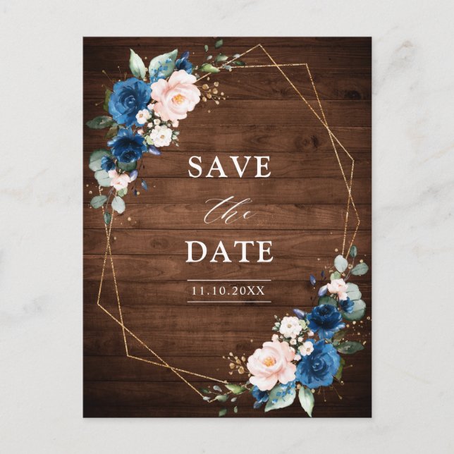 Carte Postale Marine Blue Blush Rustic Wood Gold Enregistrer la  (Devant)