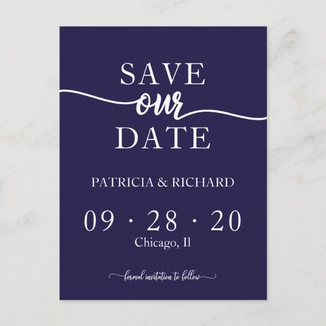 Carte Postale Marine Blue Chic Calligraphie Mariage Enregistrer  (Devant)