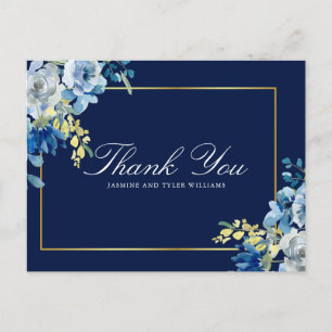 Carte Postale Marine Blue Gold Floral Élégant Merci Script